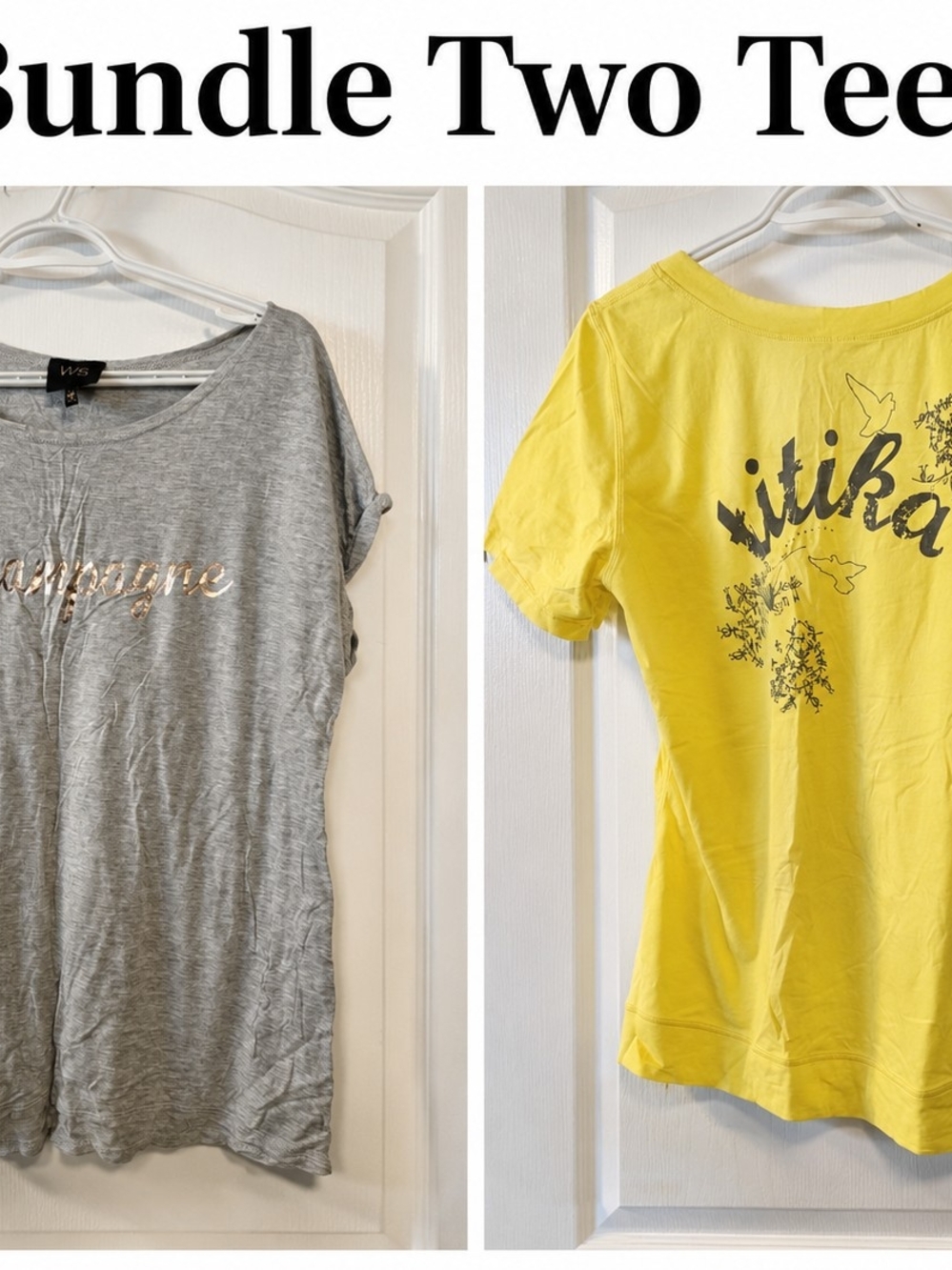 Bundle of Two Graphic Tees - One W5 Grey Metallic Script & One Yellow Bird Print